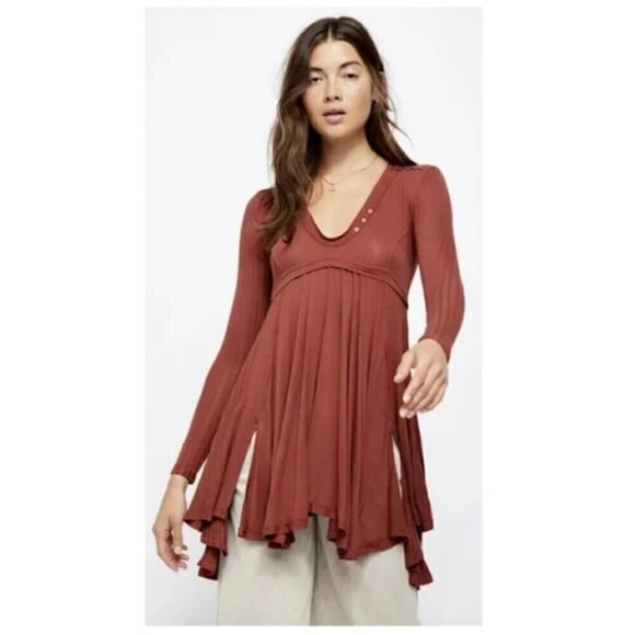 Free People Birdie Henley Long Sleeve V-Neck Rust Red Tunic Size XS - Picture 2 of 8
